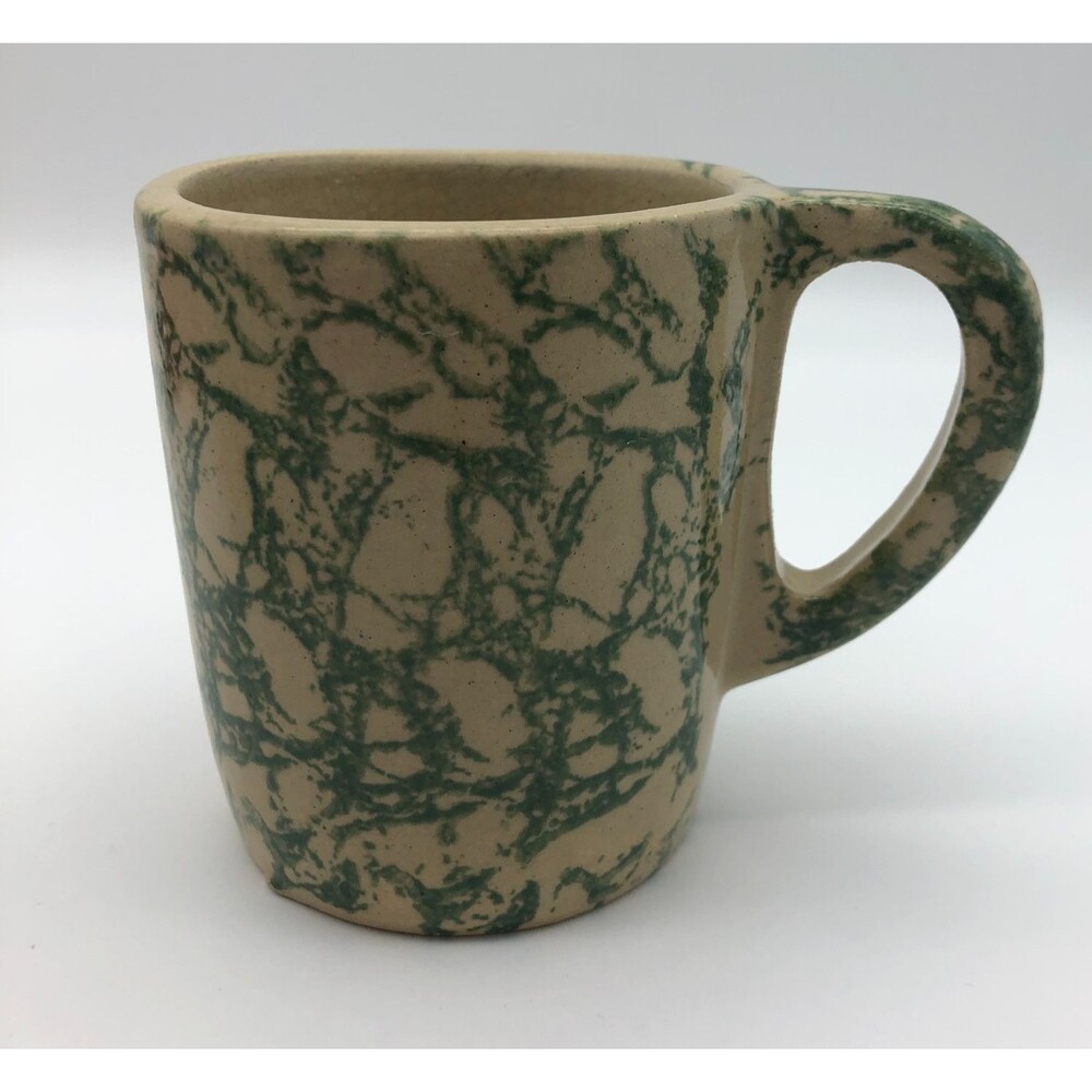VINTAGE Roseville Pottery Coffee Mug Cup Green Spongeware Handmade RRP Ohio USA